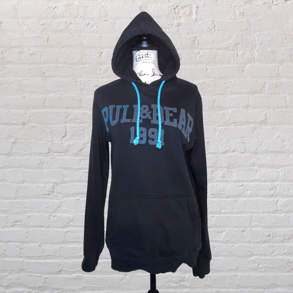 Pull & Bear Spell Out Hoodie Small S Black Blue Factory Distressed Streetwear